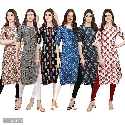 Womens Crepe Digital Printed Straight Kurti Pack of 6-thumb0