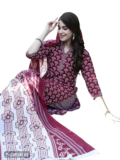 Stylish Cotton A-Line Maroon Printed Kurta, Bottom and Dupatta Set For Women-thumb4