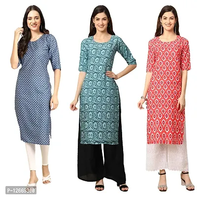 Women Crepe Digital Printed Straight Kurti  Pack of 3