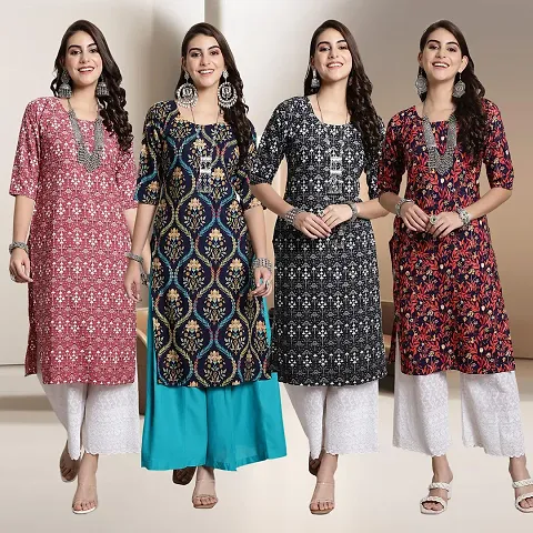 Fancy Straight Crepe Kurti - Pack Of 4