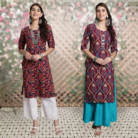 Stylish Crepe Self Pattern Straight Kurtis - Pack Of 2