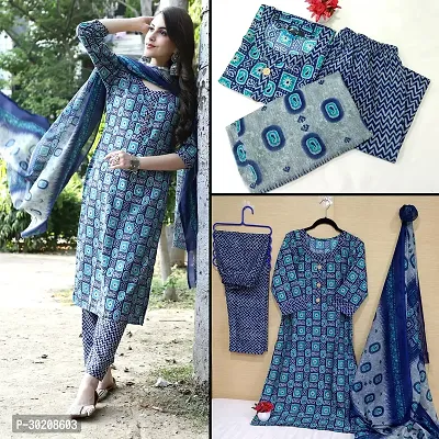 Elegant Cotton Printed Kurta with Pant And Dupatta Set For Women