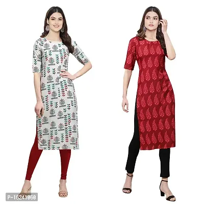 Stylish Straight Multicoloured Printed Crepe Kurta For Women Combo Pack Of 2-thumb0