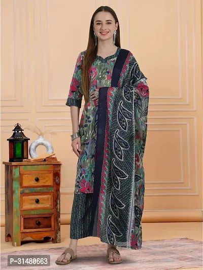 Stylish Multicoloured Cotton Blend Printed Kurta, Bottom and Dupatta Set For Women-thumb0