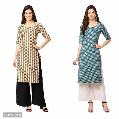 Straight Multicoloured Printed Crepe Kurta Pack Of 2