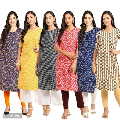 Women Crepe Digital Printed Straight Kurti  Pack of 6