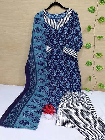 Stylish Cotton Woven Design Straight Kurtis With Bottom And Dupatta Set