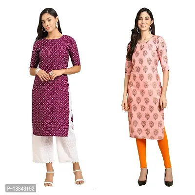 Stylish Straight Multicoloured Printed Crepe Kurta For Women Combo Pack Of 2-thumb0