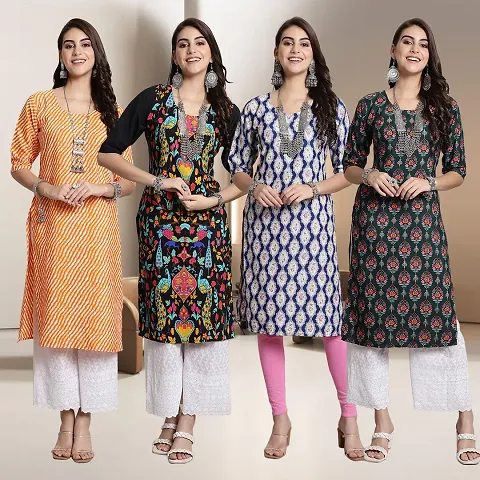 Fancy Multicoloured A-Line Crepe Kurti - Pack of 4