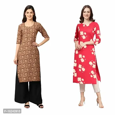 Fashionable Straight Multicoloured Printed Crepe Kurta For Women Combo Pack Of 2-thumb0