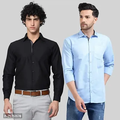 Stylish Cotton Multicoloured Solid Long Sleeves Fornal Shirt For Men Pack Of 2-thumb0