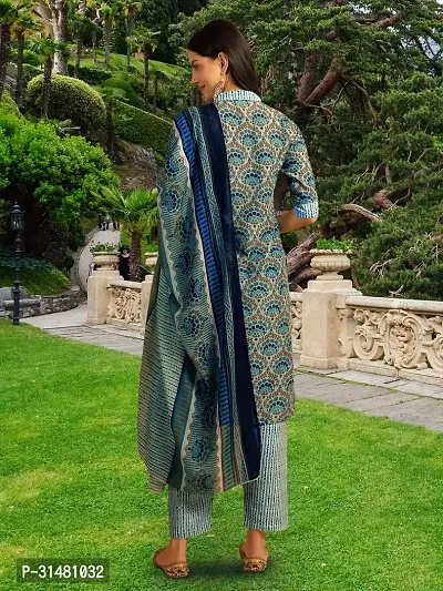 Stylish Teal Cotton Blend Printed Kurta, Bottom and Dupatta Set For Women-thumb3