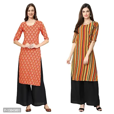 Stylish Straight Multicoloured Printed Crepe Kurta For Women Combo Pack Of 2