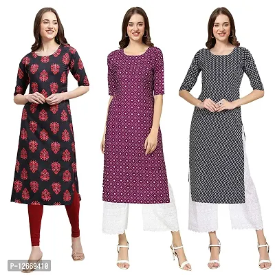 Women Crepe Digital Printed Straight Kurti  Pack of 3