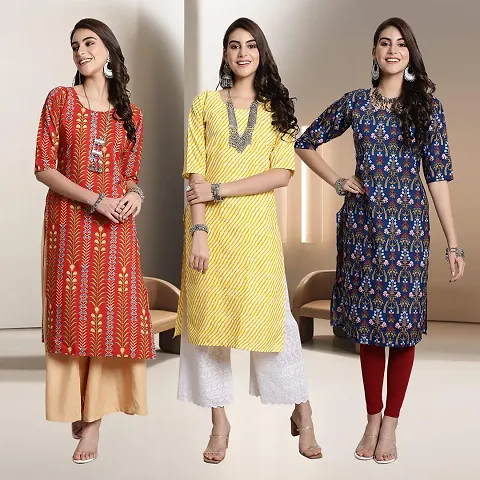 Fancy Crepe Multicoloured A-Line Kurtis - Pack Of 3