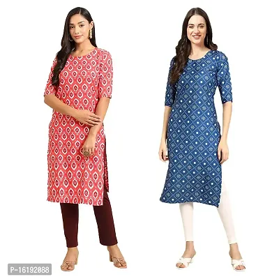 Stylish Straight Multicoloured Printed Crepe Kurta For Women Combo Pack Of 2