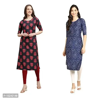 Fashionable Straight Multicoloured Printed Crepe Kurta For Women Combo Pack Of 2-thumb0