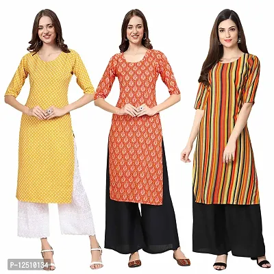 Women Crepe Digital Printed Straight Kurti  Pack of 3