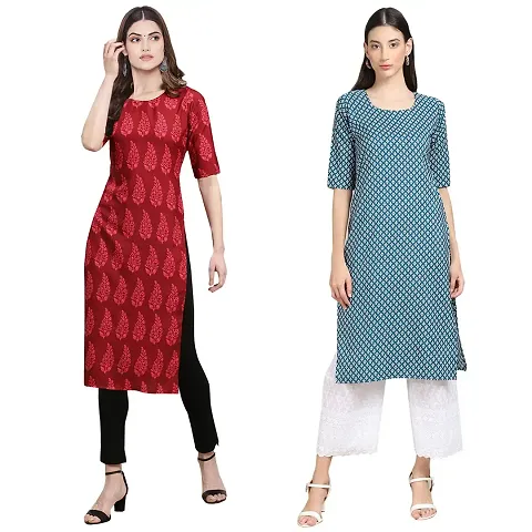 Stylish Crepe Printed Straight Kurta Combo Of 2