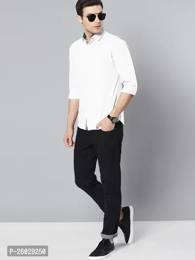 Men Stylish White Cotton Solid Long Sleeve Semi Formal Shirt