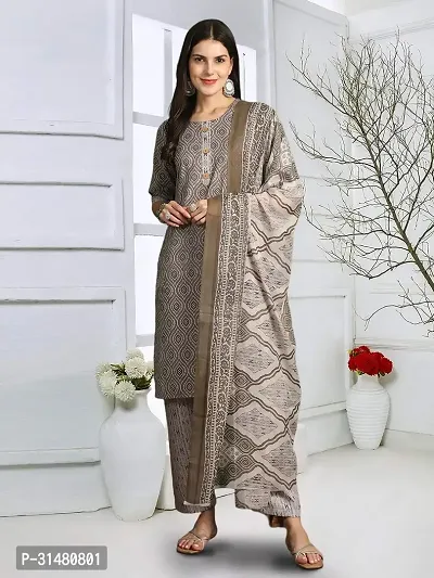 Stylish Cotton Blend Printed Kurta With Pant And Dupatta Set For Women-thumb0