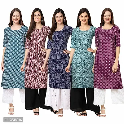 Straight Multicoloured Printed Crepe Kurta Pack Of 5-thumb0