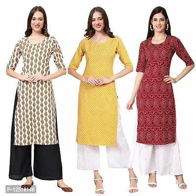 Women Crepe Digital Printed Straight Kurti  Pack of 3