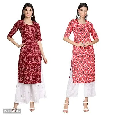 Stylish Straight Multicoloured Printed Crepe Kurta For Women Combo Pack Of 2-thumb0