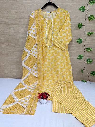 Stylish Cotton Woven Design Straight Kurtis With Bottom And Dupatta Set