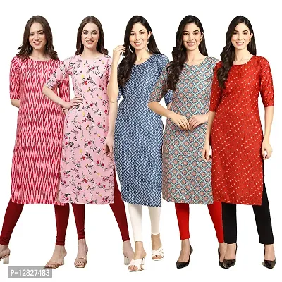 Attractive Straight Multicoloured Printed Crepe Kurta Combo For Women Pack Of 5-thumb0