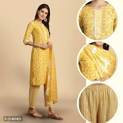 Stylish Yellow Cotton Blend Printed Kurta, Bottom and Dupatta Set For Women-thumb0