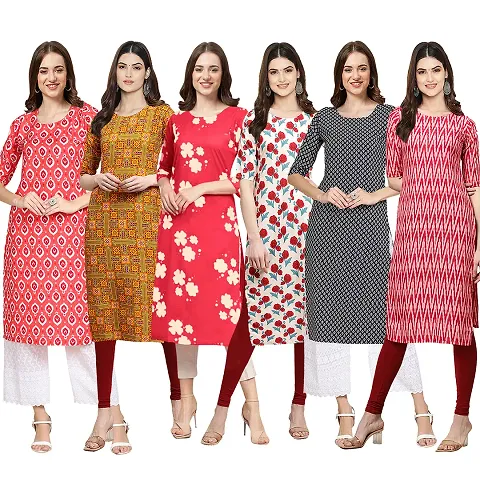 Women Crepe Digital Printed Straight Kurtis Pack of 6 Vol 5