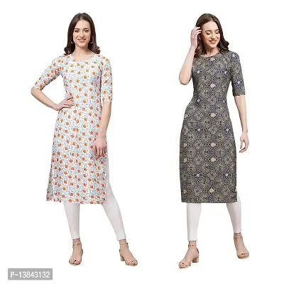 Stylish Straight Multicoloured Printed Crepe Kurta For Women Combo Pack Of 2-thumb0