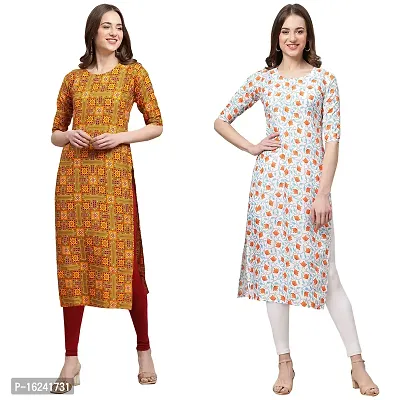 Stylish Straight Multicoloured Printed Crepe Kurta For Women Combo Pack Of 2