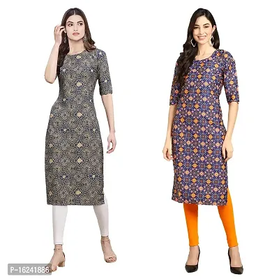 Stylish Straight Multicoloured Printed Crepe Kurta For Women Combo Pack Of 2