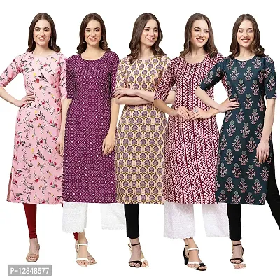 Straight Multicoloured Printed Crepe Kurta Pack Of 5-thumb0