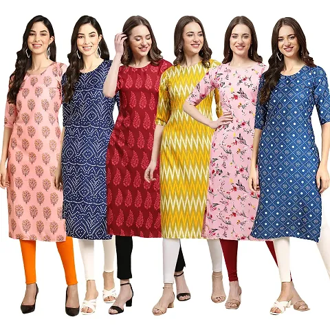 Women Crepe Digital Printed Straight Kurtis Pack of 6 Vol 3