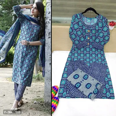 Beautiful Cotton Printed Kurta Pant And Dupatta Set For Women