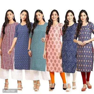 Women Crepe Digital Printed Straight Kurti  Pack of 6