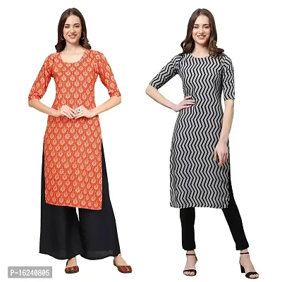 Stylish Straight Multicoloured Printed Crepe Kurta For Women Combo Pack Of 2