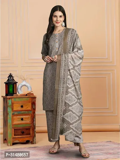 Stylish Grey Melange Cotton Blend Printed Kurta, Bottom and Dupatta Set For Women