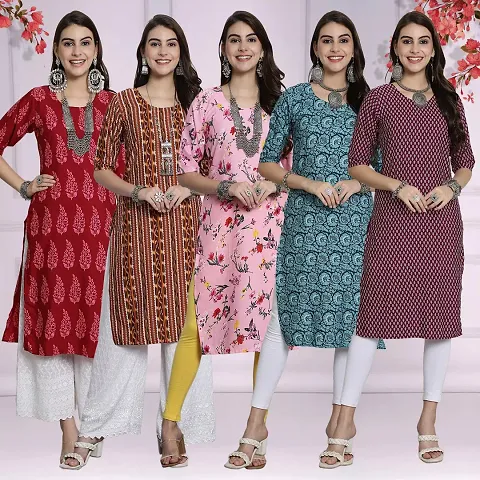 Stylish Crepe Printed Straight Kurtis For Women - Pack Of 5