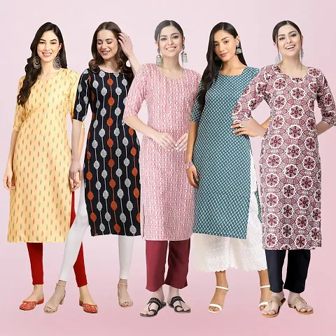 Stylish Crepe Printed Staright Kurta Combo Of 5