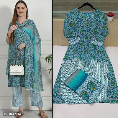 Beautiful Cotton Printed Kurta Pant And Dupatta Set For Women