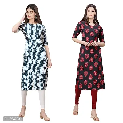 Stylish Straight Multicoloured Printed Crepe Kurta For Women Combo Pack Of 2-thumb0