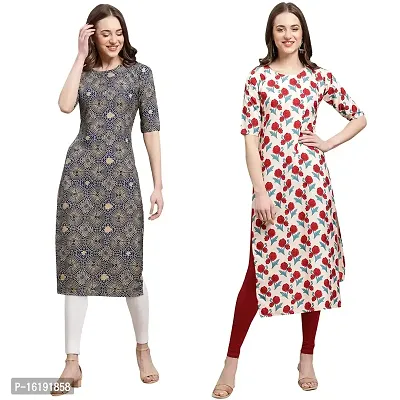 Stylish Straight Multicoloured Printed Crepe Kurta For Women Combo Pack Of 2