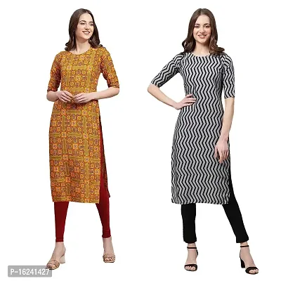 Stylish Straight Multicoloured Printed Crepe Kurta For Women Combo Pack Of 2-thumb0