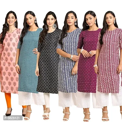 Women Crepe Digital Printed Straight Kurti  Pack of 6