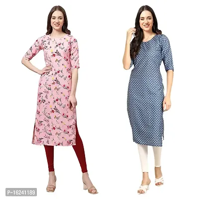 Stylish Straight Multicoloured Printed Crepe Kurta For Women Combo Pack Of 2