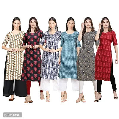 Women Crepe Digital Printed Straight Kurti  Pack of 6